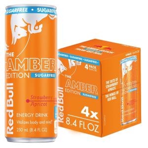imageRed Bull Zero Energy Drink 12 fl oz with 114mg Caffeine Taurine ampamp B Vitamins Pack of 4 cansSugarFree StrawberryApricot